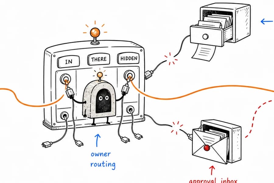 ArcBeacon routing a business request through hidden context and an approval inbox.