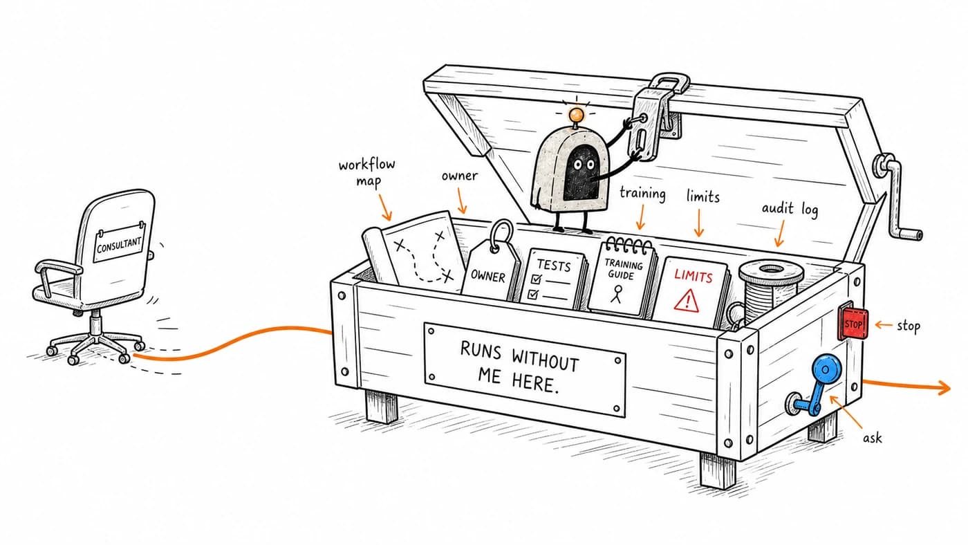ArcBeacon closing a handoff crate with workflow map, owner, tests, training, limits, and audit log.