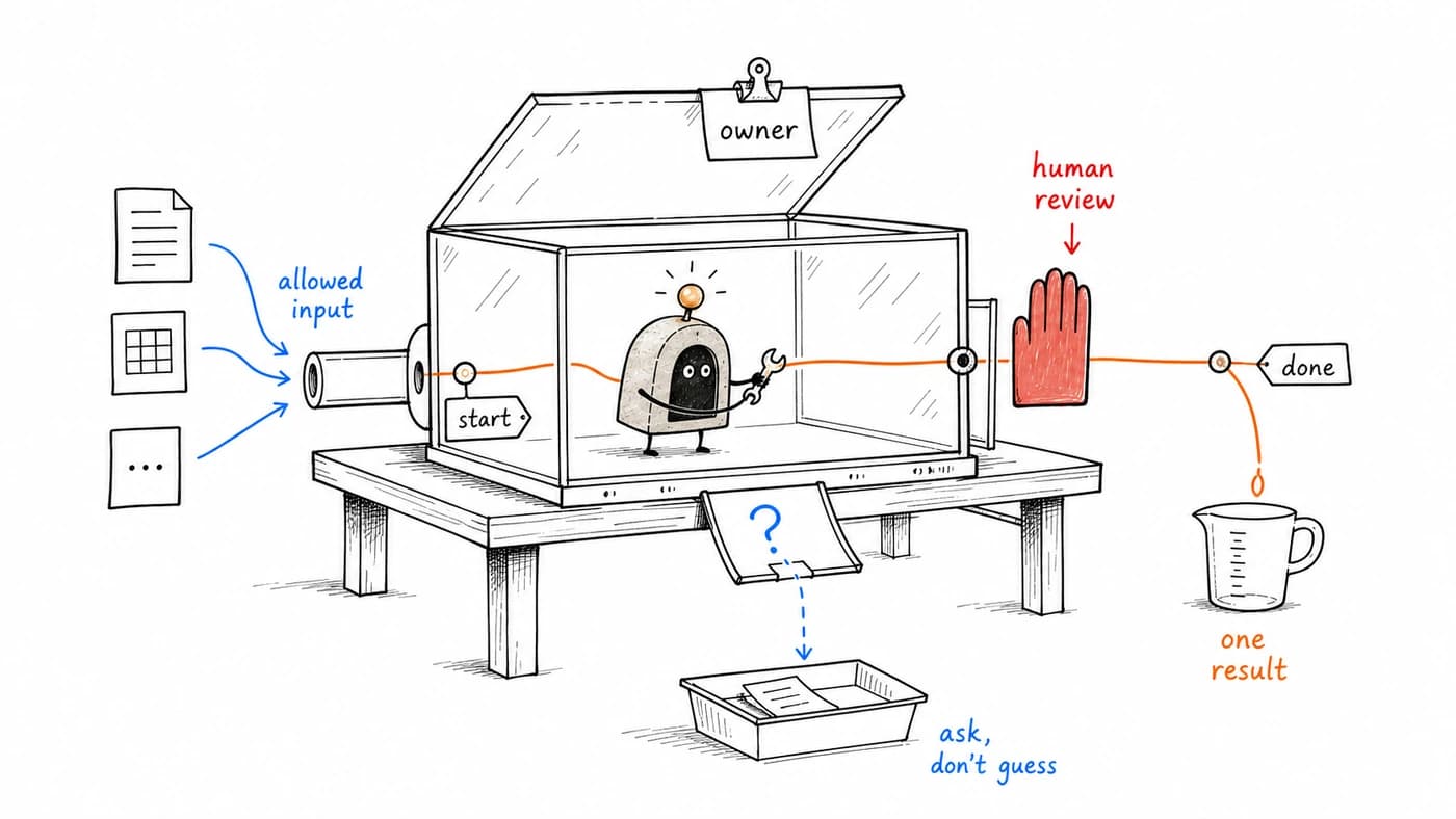ArcBeacon inspecting one small AI automation workflow with allowed input, human review, and one measured result.