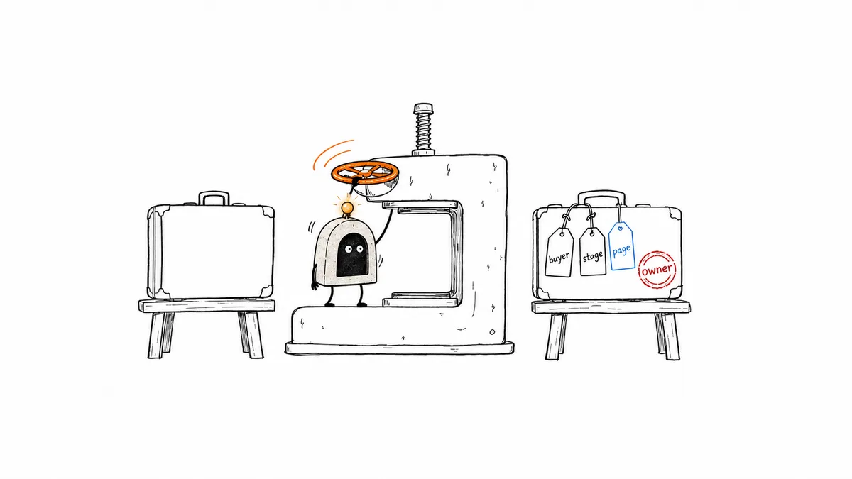 ArcBeacon turns a hand press that gives one suitcase buyer, stage, page, and owner tags.