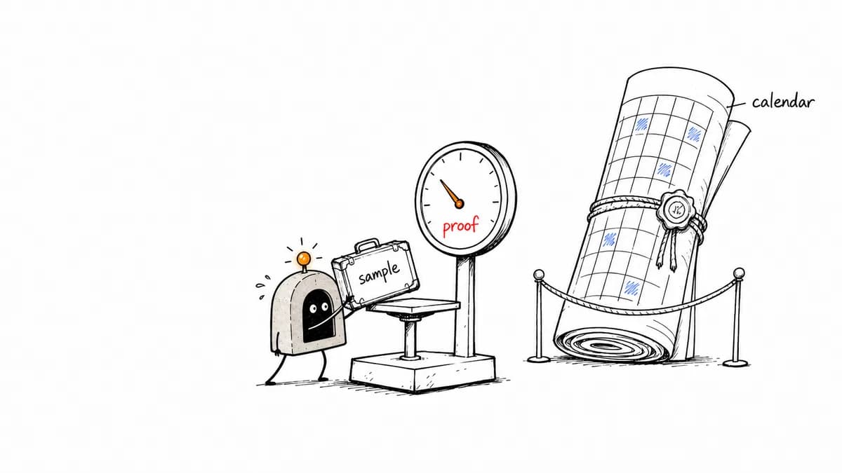 ArcBeacon weighs one small work sample for proof while an oversized content calendar waits behind a rope.