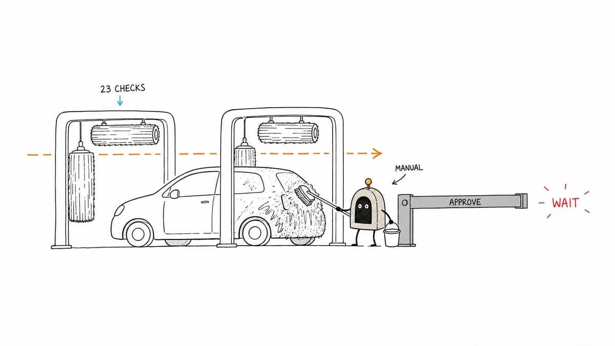ArcBeacon leaves an automatic car wash to finish a stopped release by hand with a bucket.