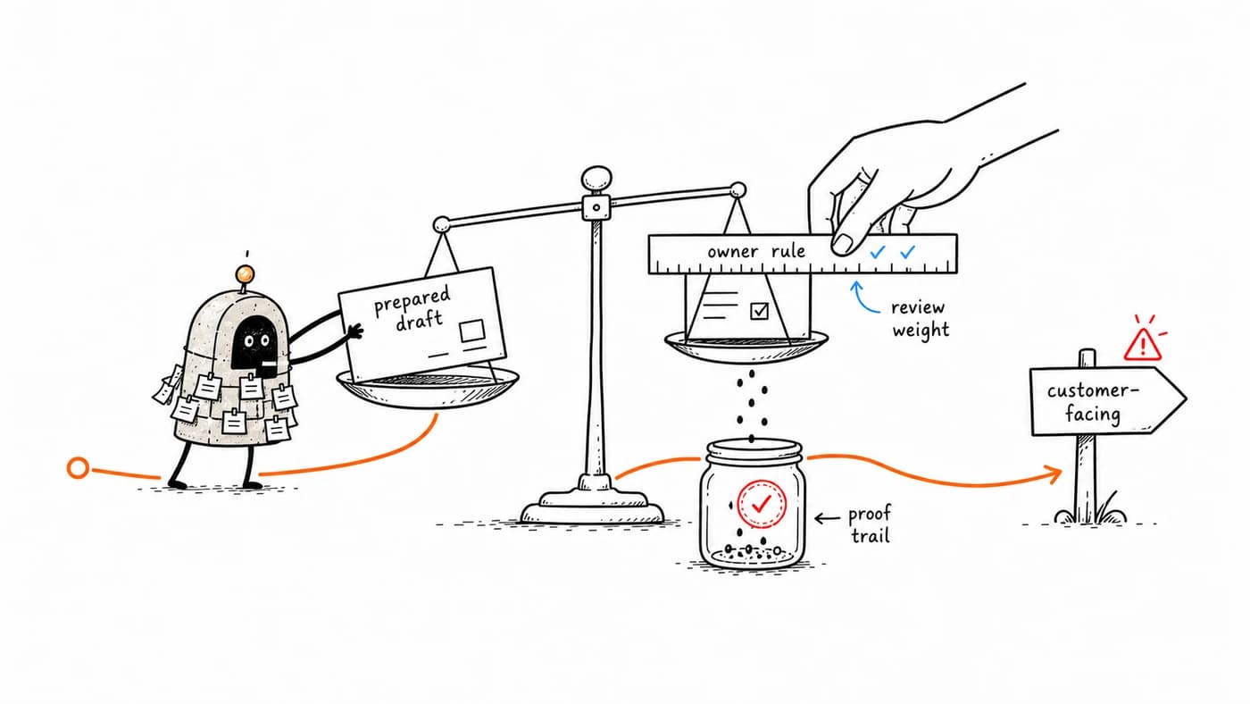ArcBeacon placing an AI-prepared draft on a review scale with proof trail.