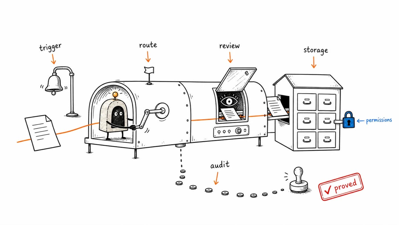 ArcBeacon operating a document workflow sorter with trigger, route, review, storage, permissions, audit, and proof.