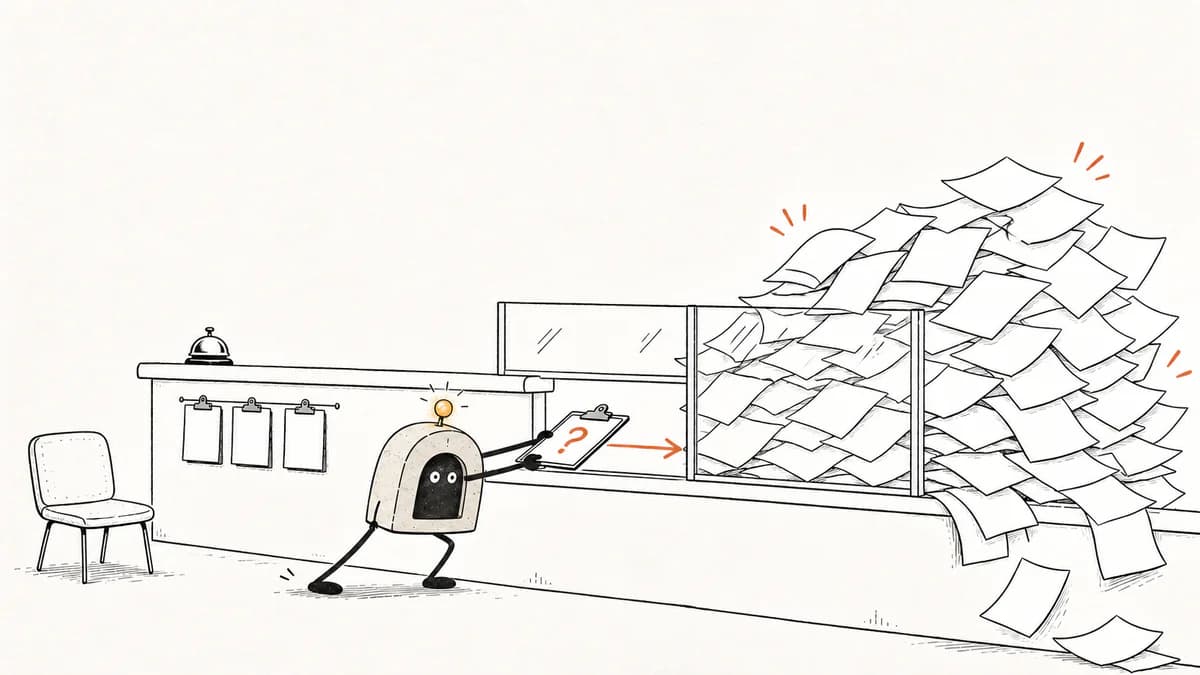 ArcBeacon pushes one patient question toward a clinic intake window jammed with blank page ideas.