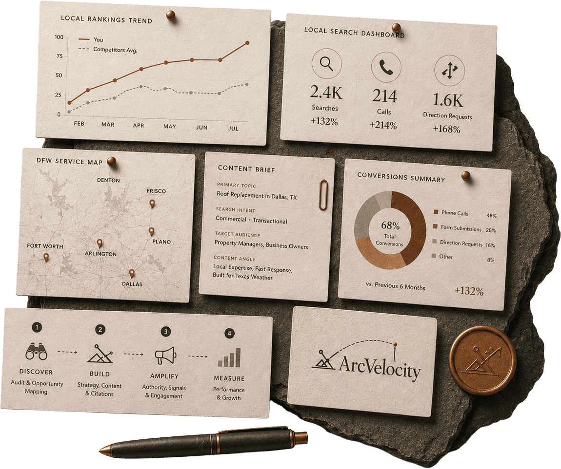 Local SEO operating system with ranking trends, search reporting, a DFW service map, content planning, and conversion measurement.