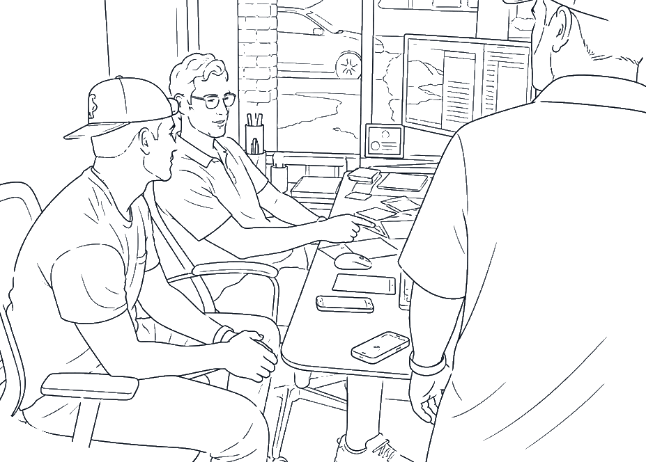 Line-art illustration of ArcVelocity working with a local team.