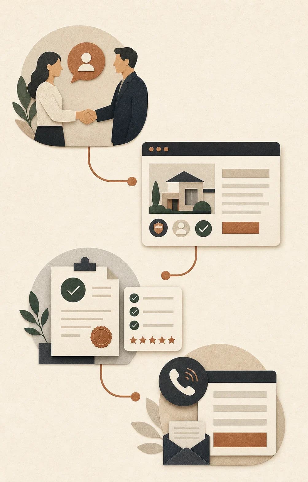 Illustrated path from a business referral to a clear service page, supporting evidence, and a call or form