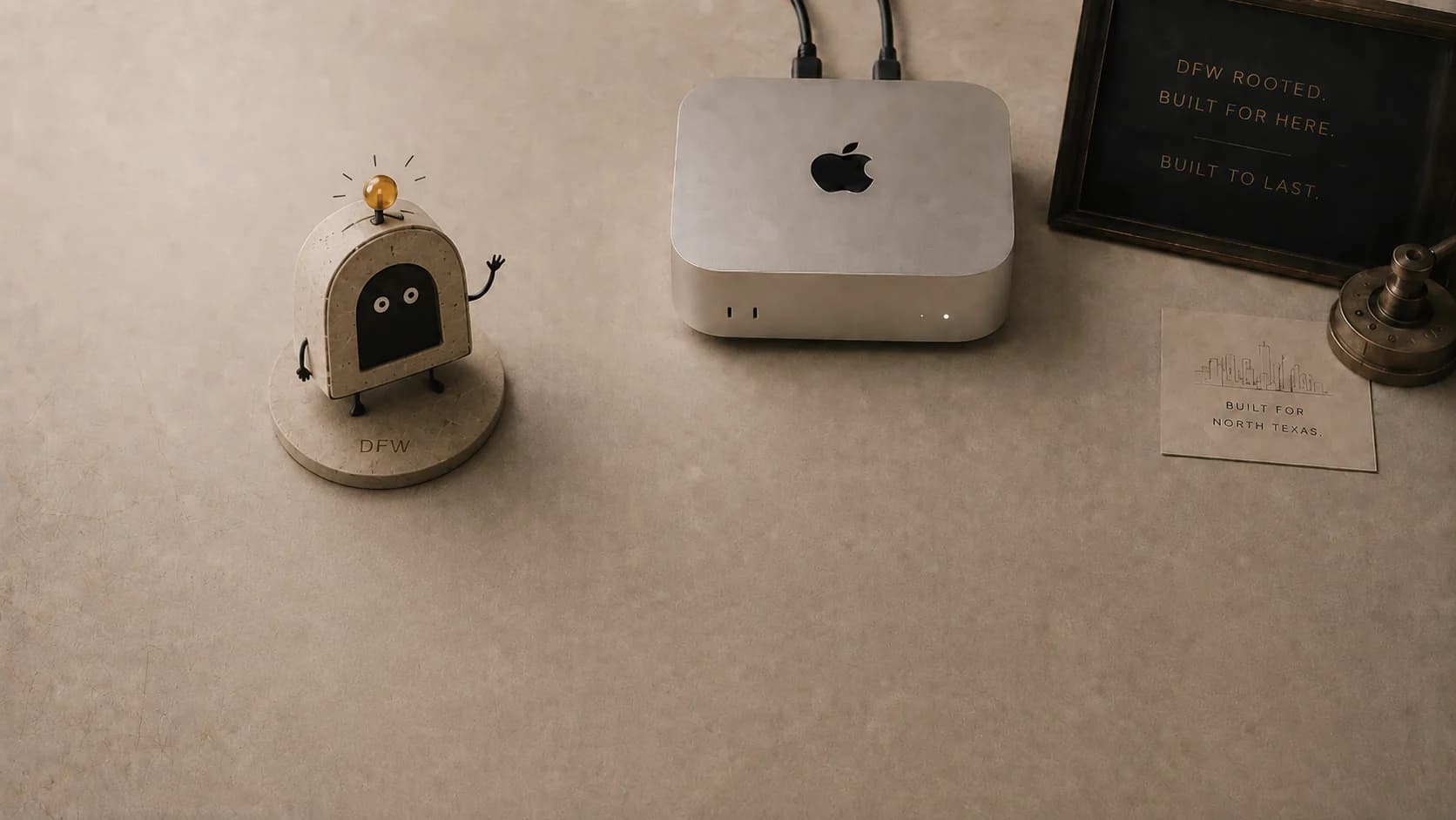 ArcVelocity mascot beside compact AI hardware on a DFW workspace.