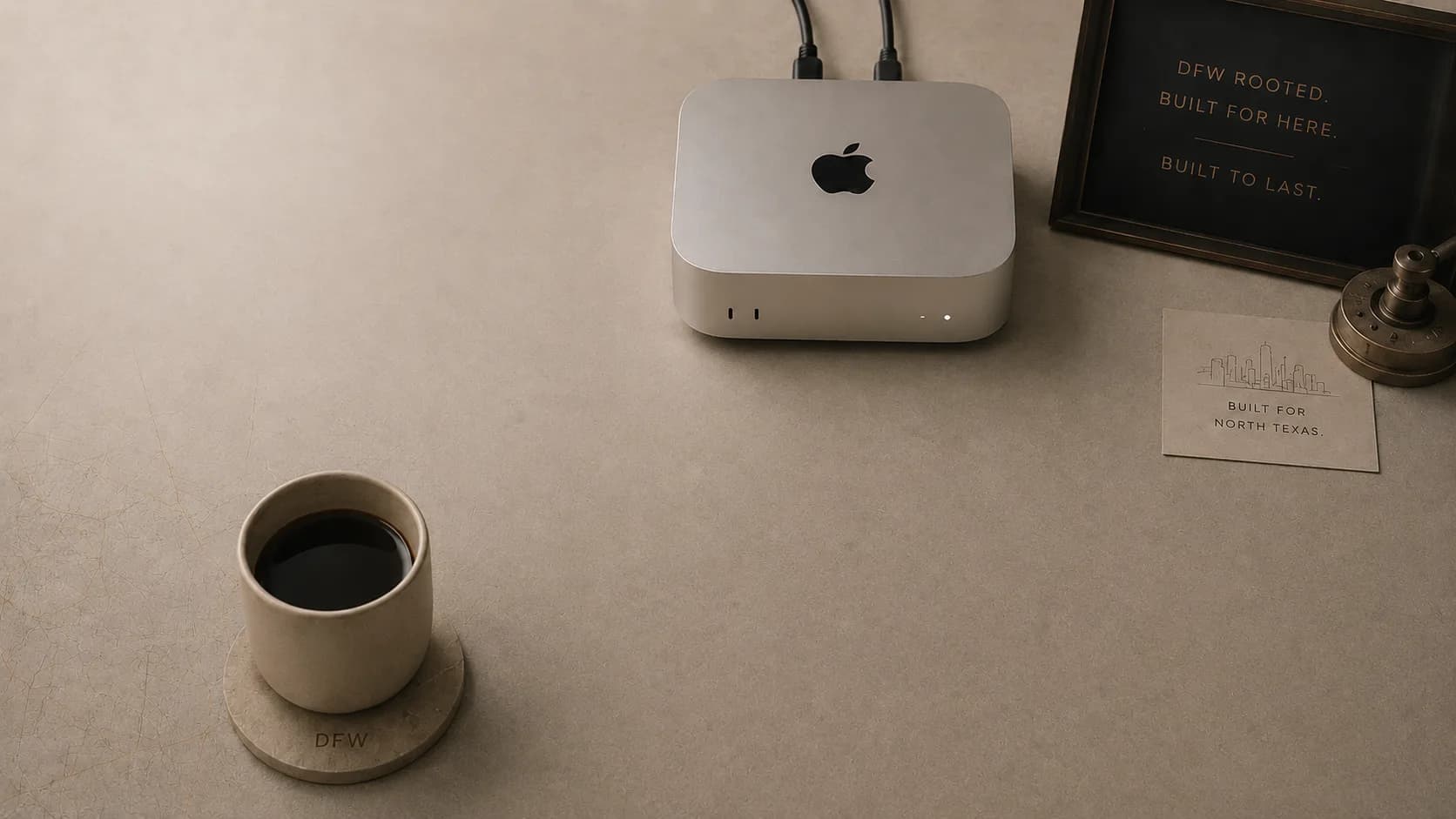 Stone desk with coffee, compact AI hardware, and ArcVelocity blog notes.