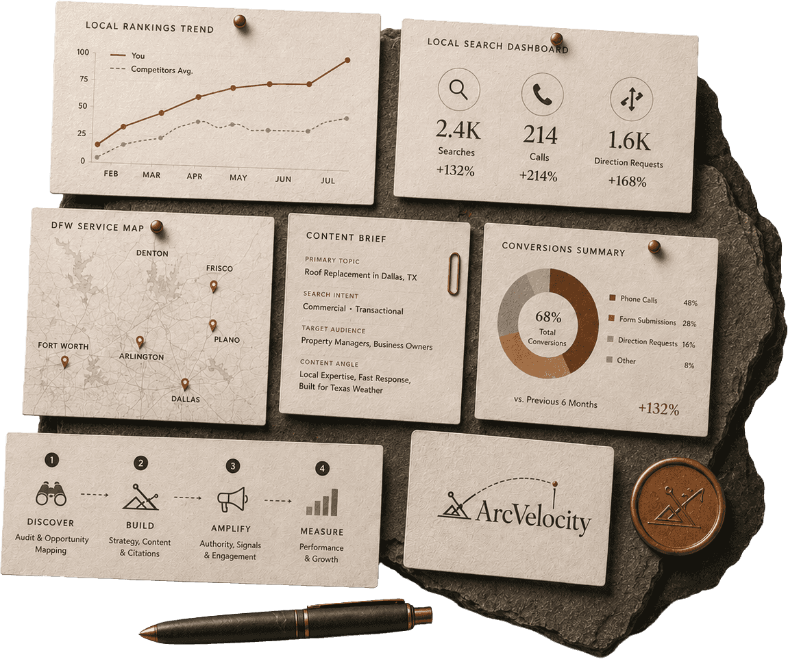 Local SEO operating system with ranking trends, search reporting, a DFW service map, content planning, and conversion measurement.